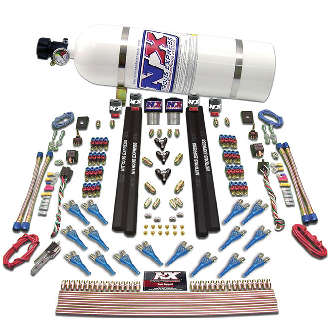 Nitrous Express 8 Cyl. 16 Nozzle Dual Stage Nozzle System W/ Super Shark Solenoids (200-1200Hp) And 4 Double Hole Rails, Designate Color(Red Or Blue). Comes Complete W/10 Lb Bottle